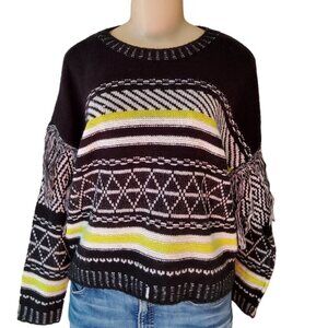 Full Circle Trends Sweater Womens XL Junior Crop Fringe Stripe Black Green Boho
